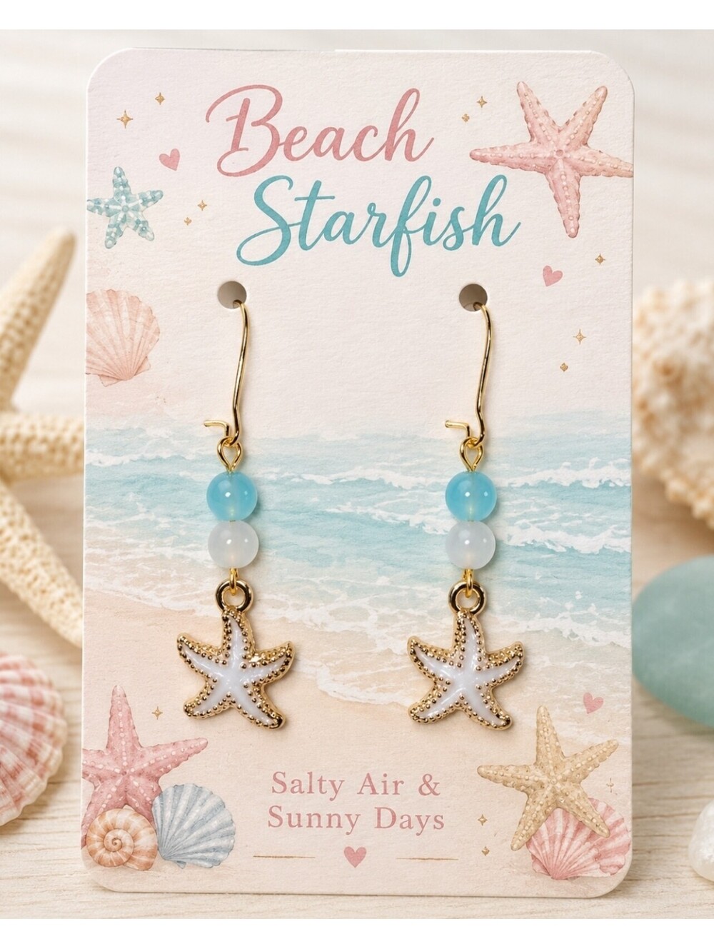 Coastal Chic Ocean Starfish Blue & White Sea Glass Hypoallergenic Earrings
